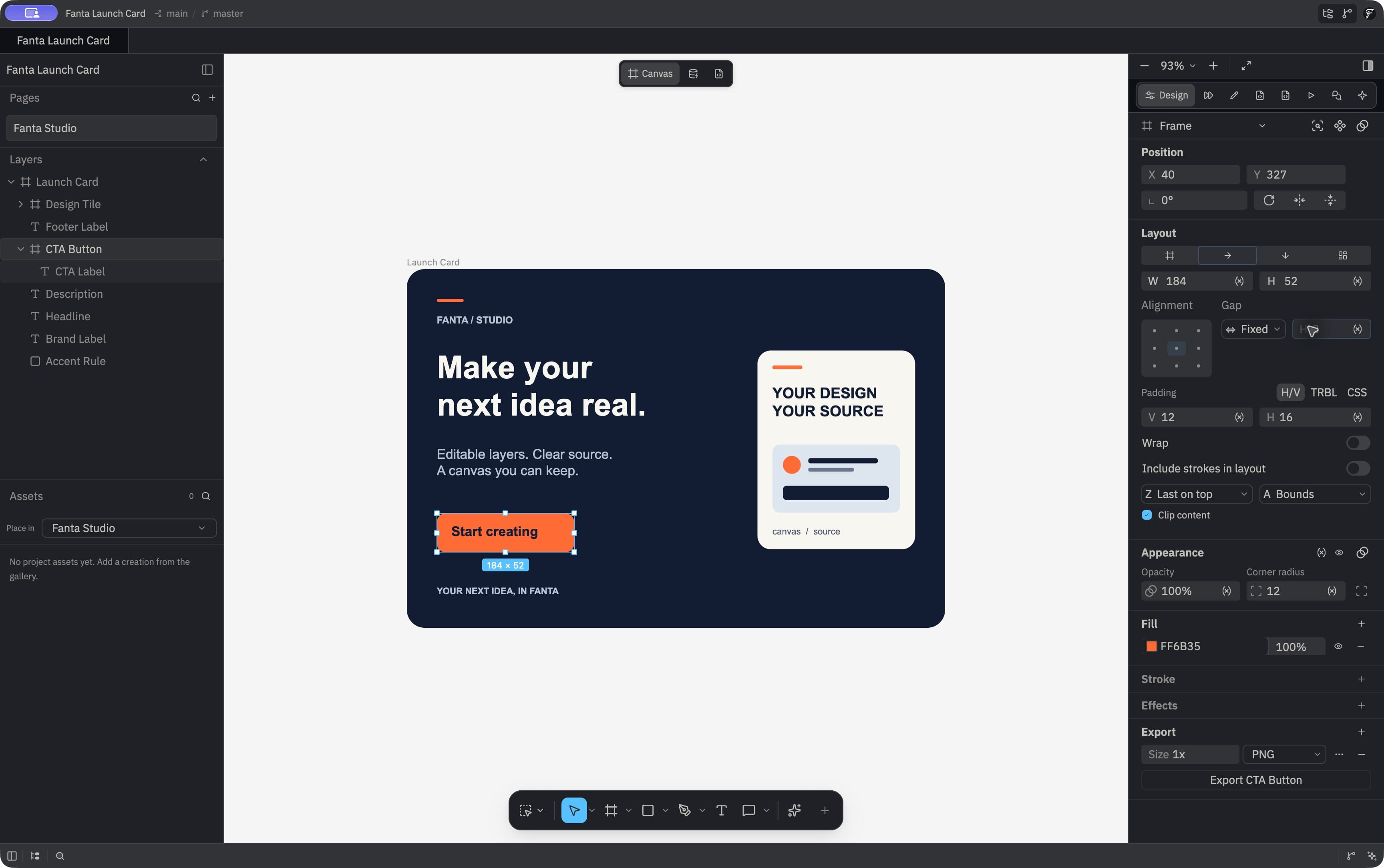 Fanta native editor with the Launch Card button selected and its layout inspector open