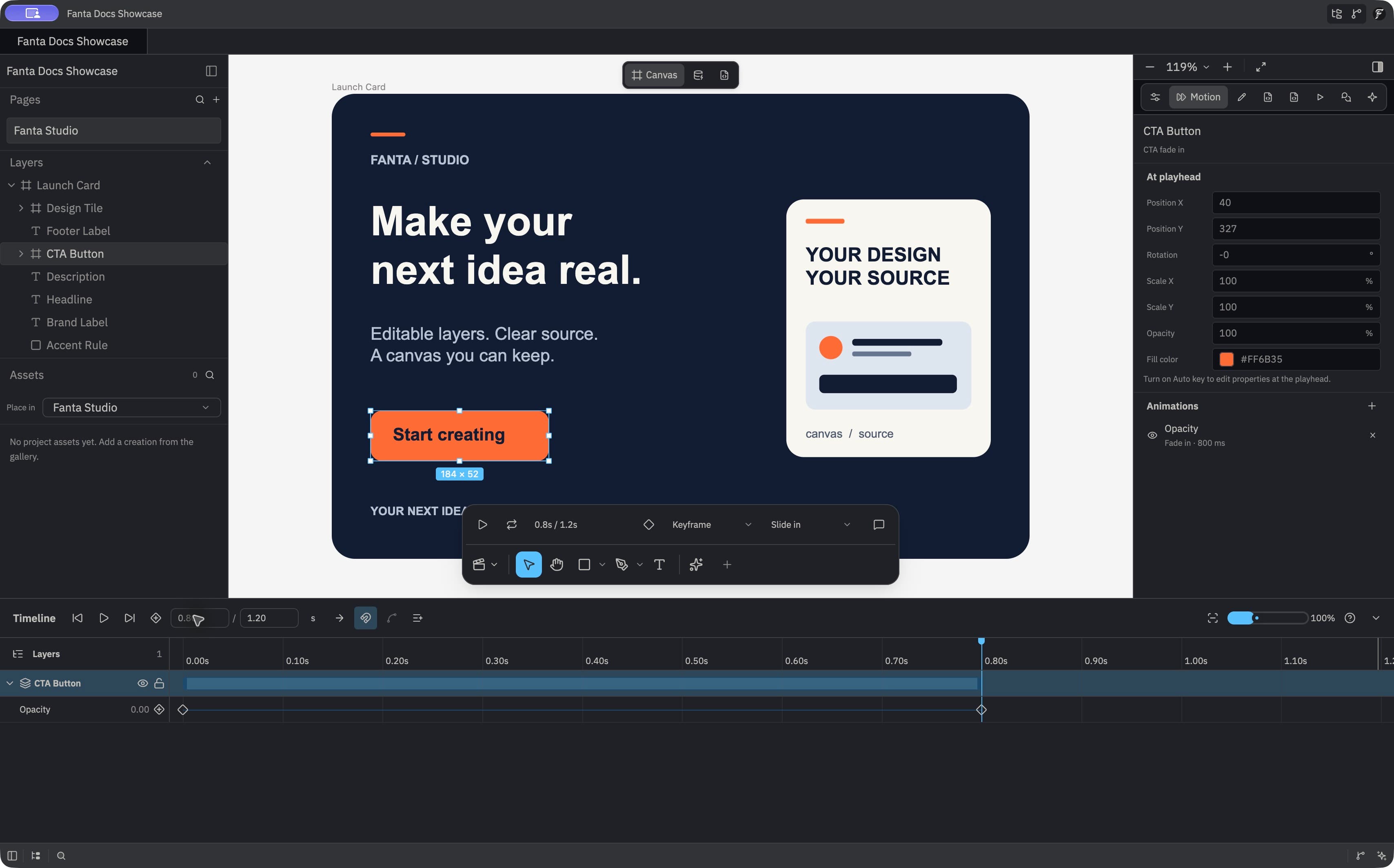Fanta’s Motion inspector and timeline showing opacity keyframes on the Launch Card button