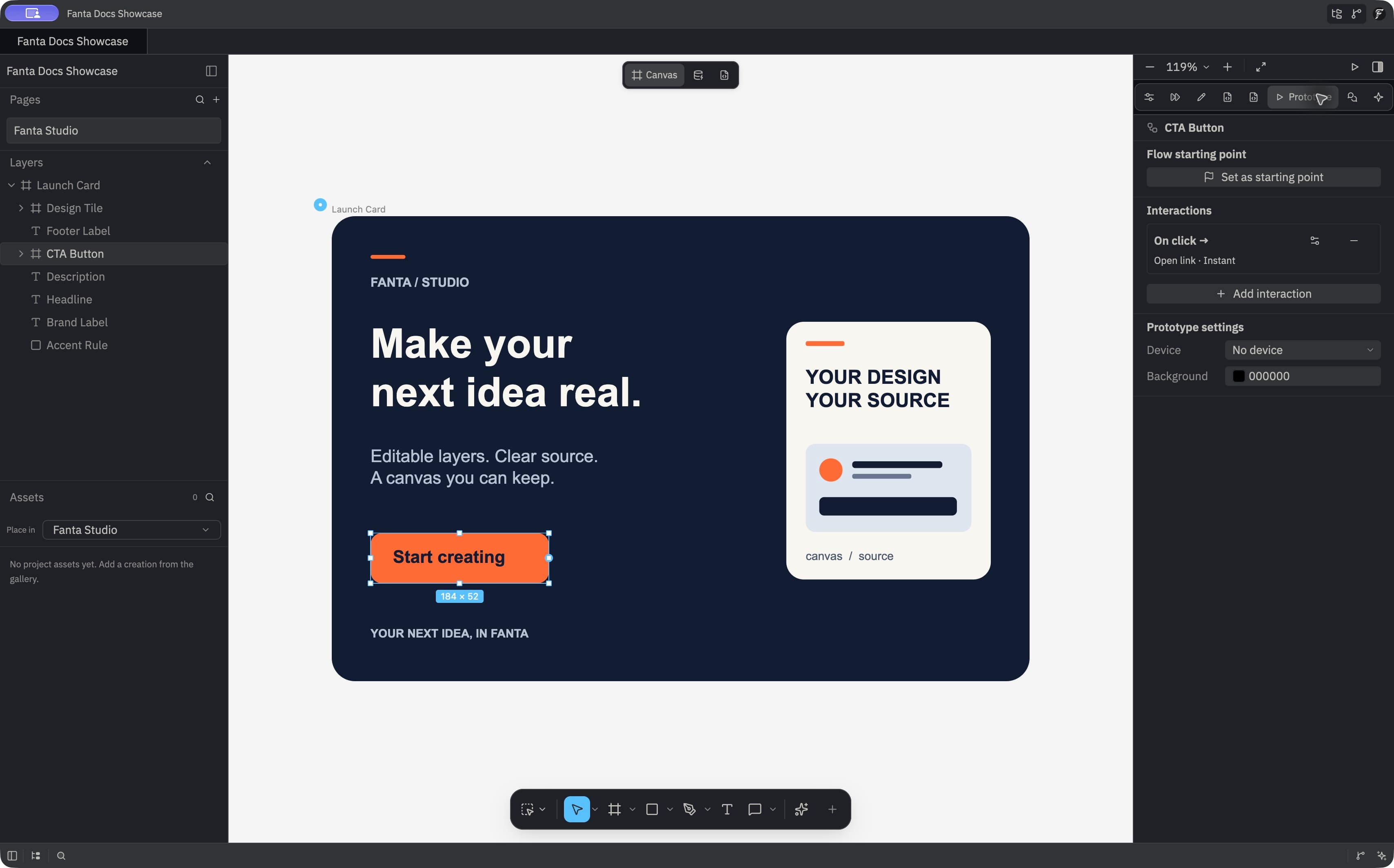 Fanta’s Prototype inspector with a flow starting point, click interaction and presentation settings